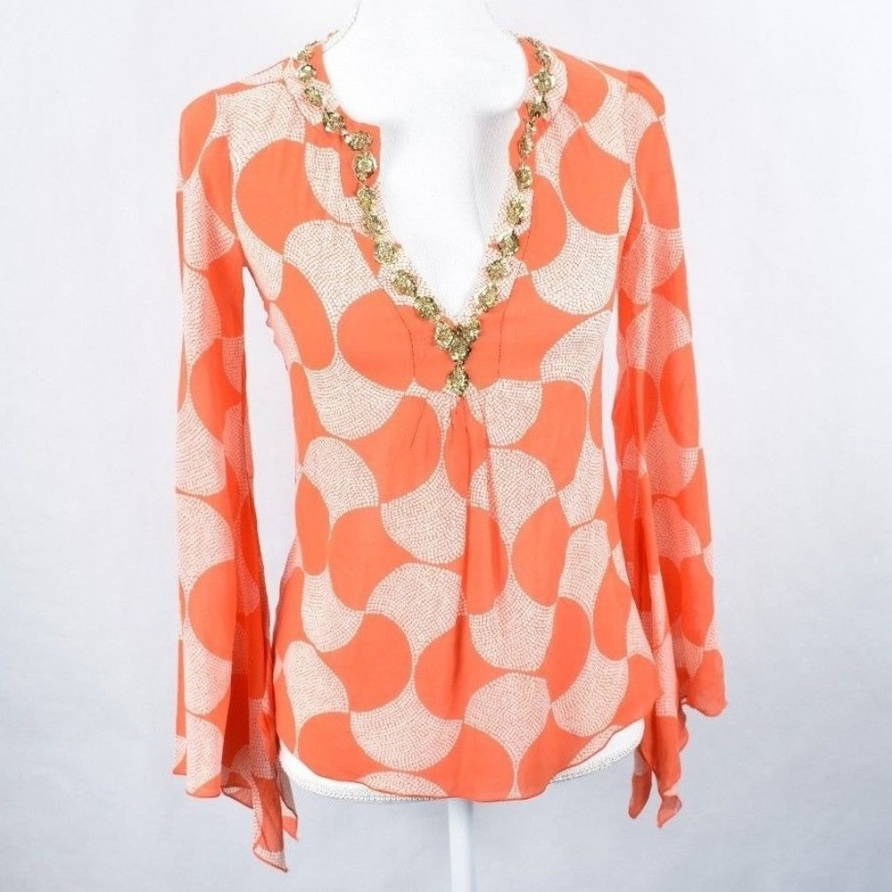 Trina Turk Silk Blend Embellished Orange White Top
